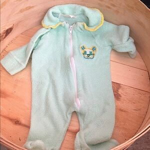 Vintage Mint Green Baby One Piece with Embroidered Bear